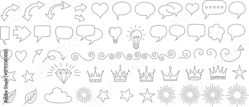 Outline Arrows, Speech Bubbles, Hearts, Crown, Sun, Stars, Diamond Gray on Transparent