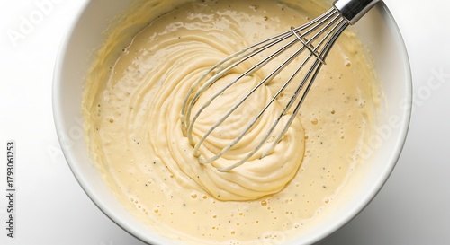 Whisking creamy batter in a white bowl close up