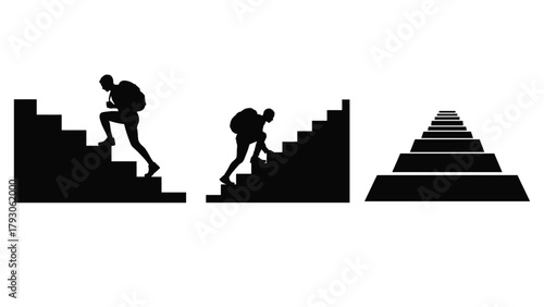 Silhouette People Climbing Stairs Vector Illustration