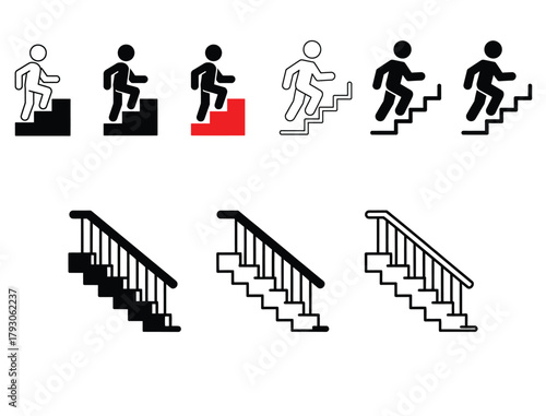set of silhouette vector illustrations of stick figures climbing stairs, staircase collection