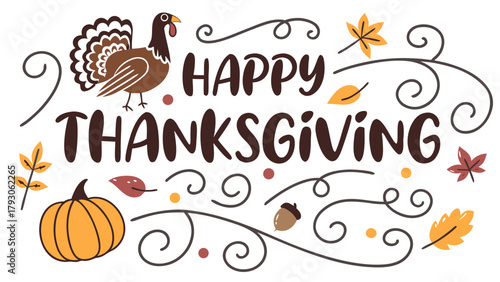 Hand-drawn Thanksgiving lettering composition with turkey outline integrated into the typography, framed by maple leaves and wheat branches