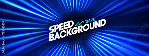 Speed perspective effect with radial light, line and motion on fast background. Neon movement and energy burst. Trail for race, car or digital sport design.