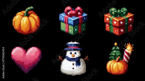 Colorful Pixel Art Icons of Halloween and Christmas Celebrations
