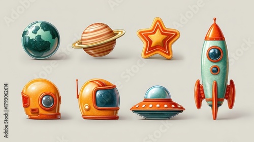Colorful Space Icons Featuring Planets, Rockets, and Helmets