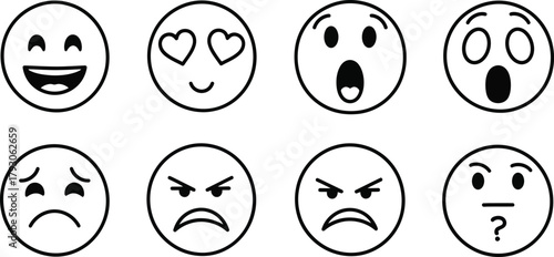 Outline Emoticons Set Joyful, Love, Shocked, Sad, Angry, Confused Emoticon Icons