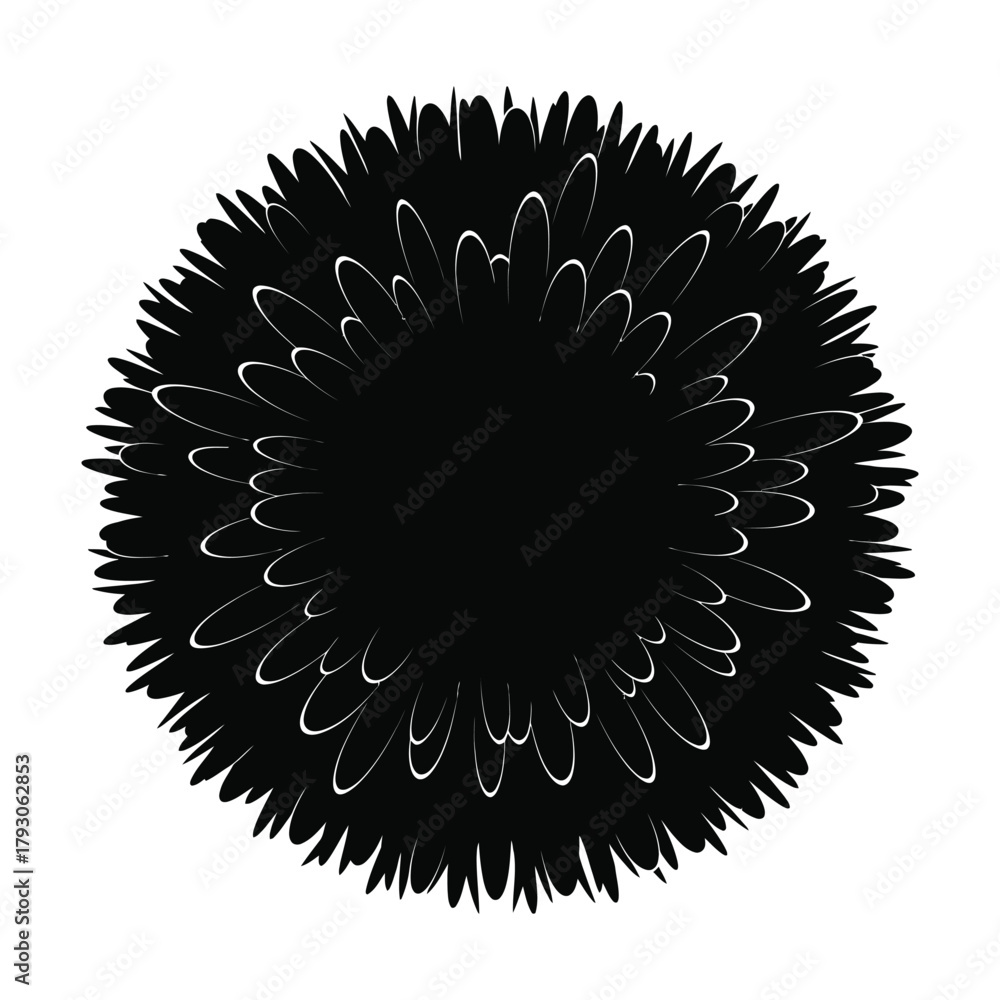 Fototapeta premium Black Silhouette of a Spiky Abstract Round Shape with White Outlines vector illustration