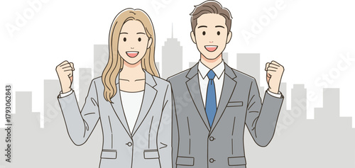 Illustration of a confident business man and woman standing together with cheerful expressions, perfect for teamwork, success, motivation, and modern corporate vector themes.