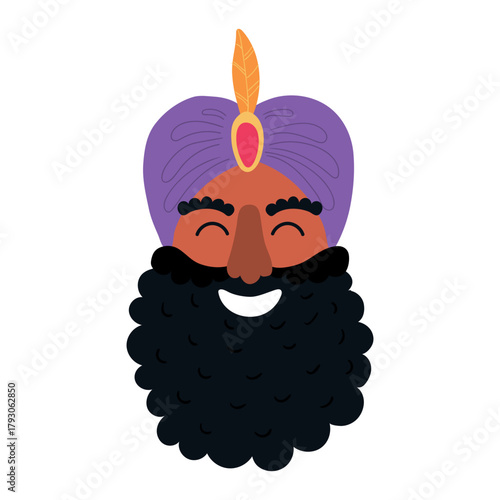 One of three kings, king Balthazar face isolated on transparent background. Hand drawn flat vector illustration. Cartoon character. Epiphany Day, Christmas design element, clip art