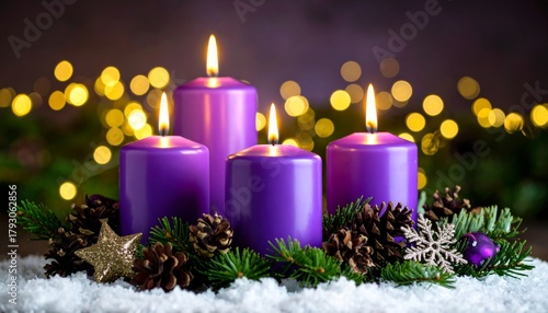 Purple Advent Candles Four Lit Candles, Evergreen Wreath, Snow, bokeh Background, Christmas, Winter Solstice Christmas, Advent