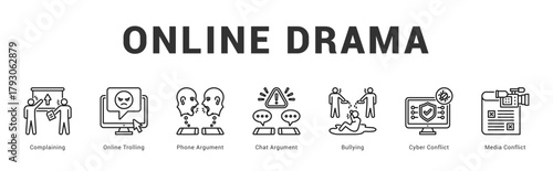 Online Drama Modern and clean web banner illustration featuring thematic icons for visual communication