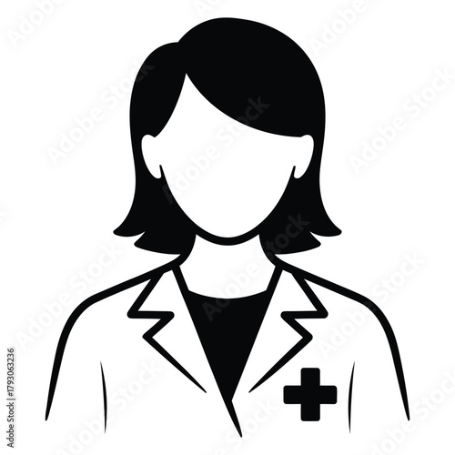 black and white icon of female medical professional in lab coat with cross symbol, minimalist healthcare illustration for hospital use