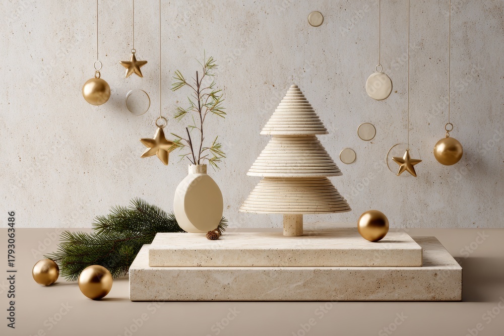 Obraz premium Minimalist display features stacked stone pedestals with stylized holiday decorations against a textured wall