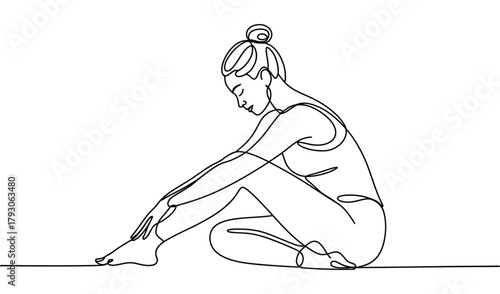 minimalist line art of seated person in forward stretch pose, elegant yoga illustration for fitness, mindfulness, and wellness themes