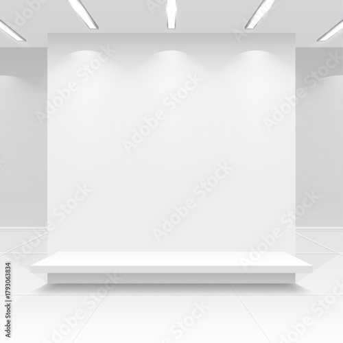 Empty interior supermarket, food market, shop showcase with shelves. 3D Render.