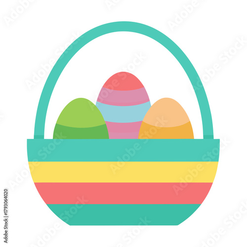 Colorful easter basket filled with decorated eggs