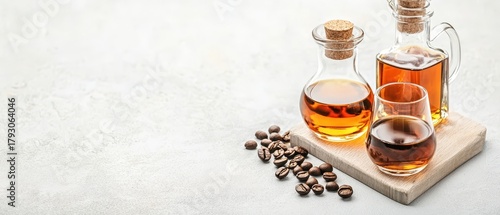 Glass bottles with amber liquid and coffee beans on a light textured surface.