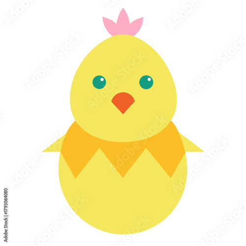 Cute cartoon yellow chick with pink crown and orange beak