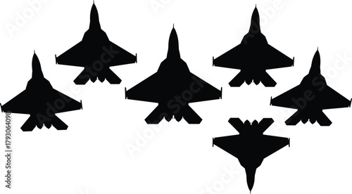 Fighter jets silhouette, aerial formation, military aircraft, top view, aviation concept, defense power, air force, strategic flight, sky patrol