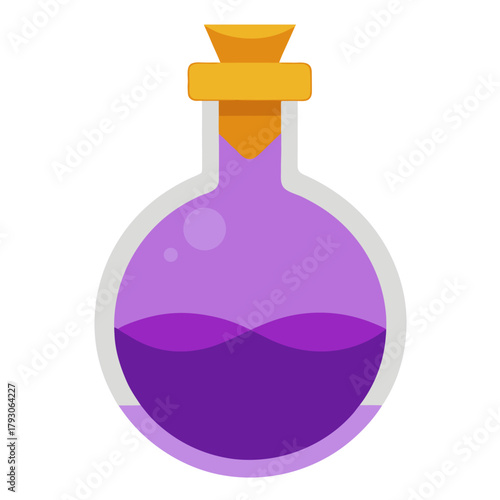 Round glass bottle with purple liquid and cork stopper