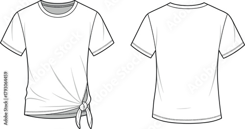 T-shirt flat sketch, fashion illustration, side tie top, short sleeve design, apparel template, garment drawing, technical style, vector outline