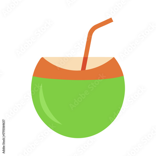 Refreshing green coconut drink with a straw on white background