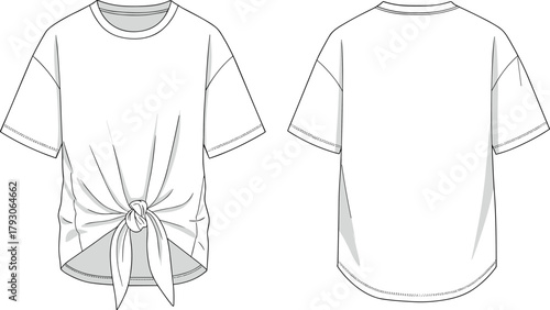  garment illustration, front back viewWomen's fashion top, technical sketch, short sleeve blouse, knot detail, asymmetrical hem, apparel design, garment illustration, front back view