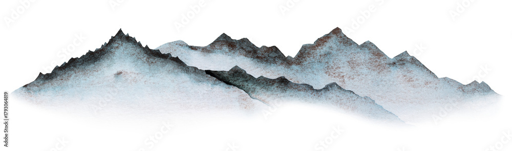 Obraz premium Watercolor illustration of panoramic view of the blue mountains, party design and winter wedding