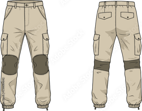 Beige cargo pants, technical outdoor wear, utility fashion illustration, front and back view, reinforced knees, elastic cuffs, hiking apparel design
