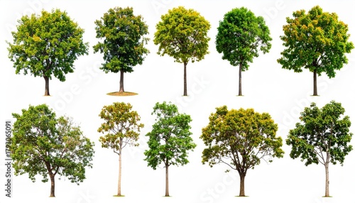 Twelve Green Trees Isolated on White Composition, Clipping Path, Nature, Foliage tree collection, green trees