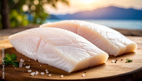 Two Fresh Cod Fillet on Wooden Board, Beach Sunset Background, Close Up, Seafood, Food Photography Seafood, Cod