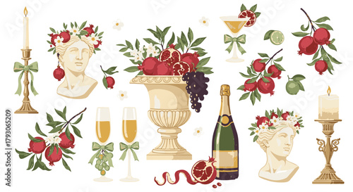 A beautifully curated still-life arrangement features a festive array of decorative elements: a classical bust crowned with floral, accompanied by ornate candles and glasses, with a vase of fruit.