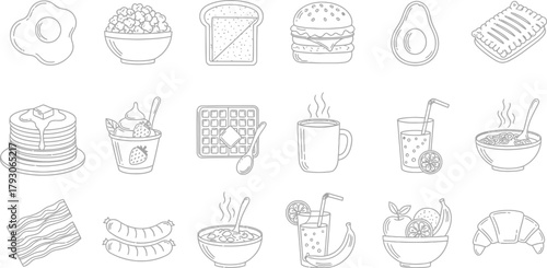 Outline Icon Set featuring Fried Egg, Burger, Pancakes, and Breakfast Dishes Isolated