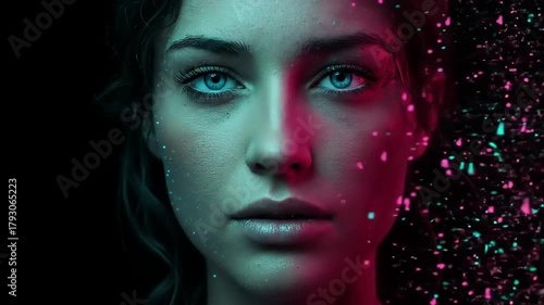 Digital face disintegration revealing a high-tech design, pink and turquoise abstract portrait