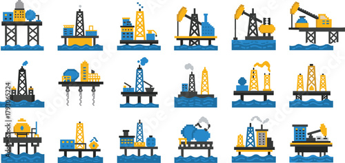 Offshore oil rig illustrations, drilling platforms, ocean industry, petroleum infrastructure, energy production, engineering design, industrial scene, editable vector, stock asset