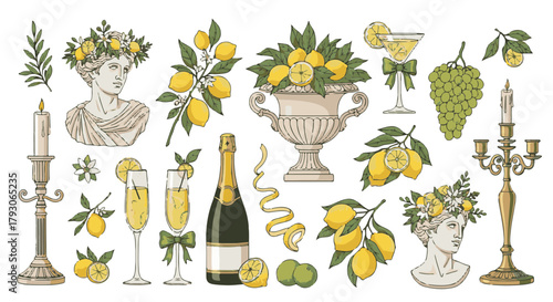 A vibrant illustration, celebrating the refreshing combination of lemons and champagne, features classical statues adorned with lemon wreaths.