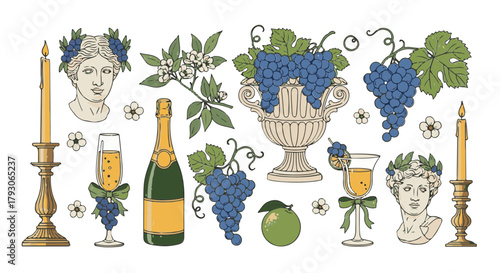 An elegant still-life composition of vintage champagne, grapes, and classic statues, exuding a sense of refined taste and celebration.