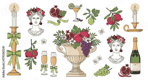 A vibrant assortment of decorative elements including candles, champagne, floral arrangements, cocktails, and busts, arranged in an appealing composition suitable for design projects. 