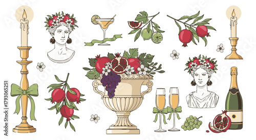 Vintage illustration elements. Hand drawn botanical and culinary illustrations, artfully arranged on a clean backdrop, offer a delightful glimpse into the world of celebratory occasions.