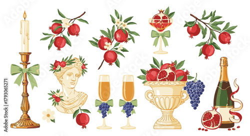 An artistic illustration captures a romantic still life with elements of classical beauty. It features candle, fruit, and classical sculpture. 