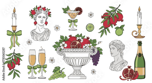 A meticulously crafted graphic design showcasing a symphony of still-life elements, including a classical statue bust, an ornate vase overflowing with pomegranates, and effervescent champagne.