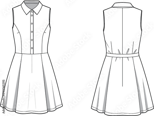 Sleeveless dress technical sketch, fashion flat illustration, front and back view, A-line pleated skirt, button placket, garment design