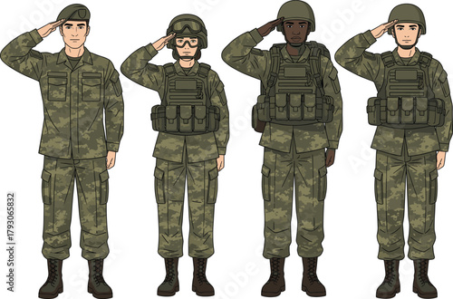 Illustration of diverse soldiers in military uniforms standing and saluting, perfect for army themes, national defense concepts, patriotic designs, and vector artwork.