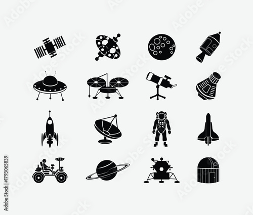 Modern Space Science and Technology Icon Set. Black and White Astronomy and Rocket Vector Icons.