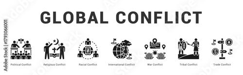 Global Conflict Modern and clean web banner illustration featuring thematic icons for visual communication