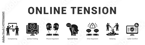 Online Tension Modern and clean web banner illustration featuring thematic icons for visual communication