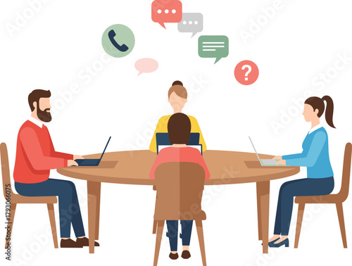 Illustration of office workers collaborating at a round table with laptops and communication icons, perfect for teamwork, meetings, productivity concepts, and business vector designs.