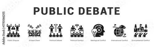 Public Debate Modern and clean web banner illustration featuring thematic icons for visual communication