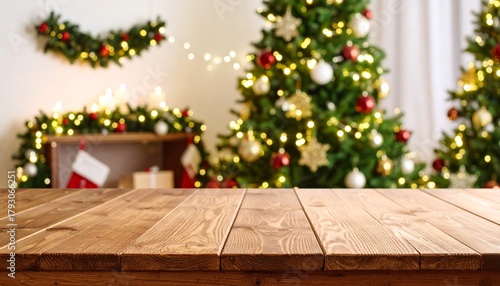 Wooden Table with Blurred Christmas Tree Background, Christmas Decor, Festive Season Christmas, Holiday, Winter