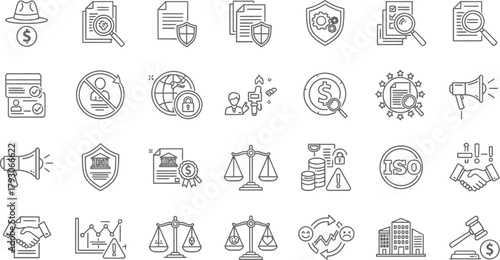 Outline Style Law and Finance Icon Set on Transparent Background for Business Concepts