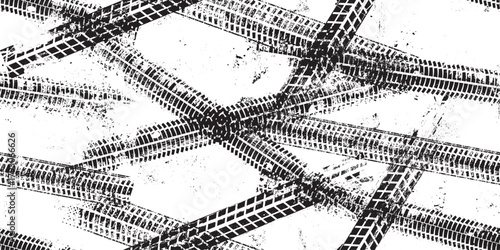 Tire track seamless pattern. Grange tread marks .Grunge textured vector car tread . Car trails endless pattern texture. Tyre track seamless texture. Wheel tire tread track background